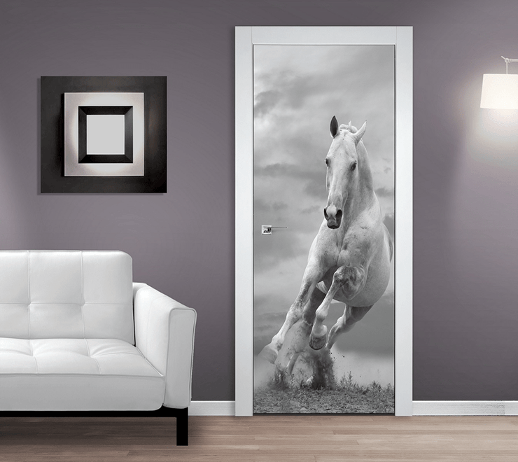 Décor de Porte Grey Horse - Animaux et faune, noir et blanc - Eazywallz                                