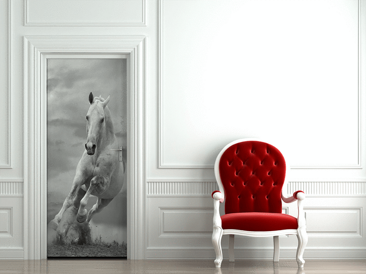 Décor de Porte Grey Horse - Animaux et faune, noir et blanc - Eazywallz                                