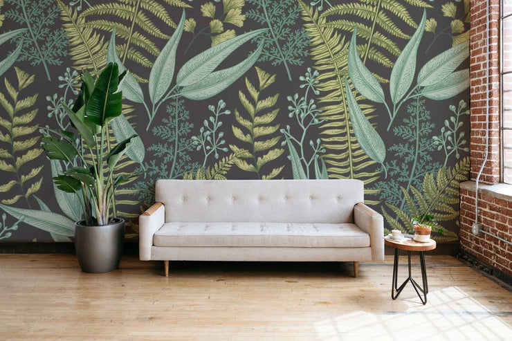 Dark Botanical Leaves Wall Mural