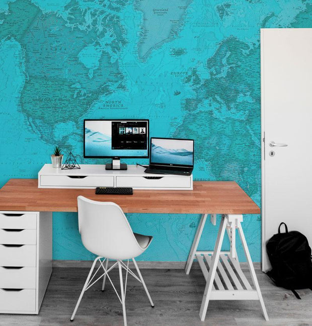 Blue Geographical World Map Wall Mural-Maps-Eazywallz