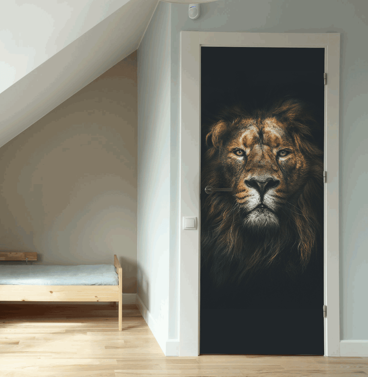 Dark Lion Head Door Mural-Animals & Wildlife,Black & White-Eazywallz