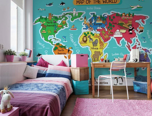 Kid's Cartoon World Map Wall Mural-Kids' Stuff-Eazywallz