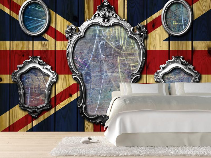 Metal Frames on a Wooden Union Jack Wall Mural-Vintage,Textures,Modern Graphics-Eazywallz